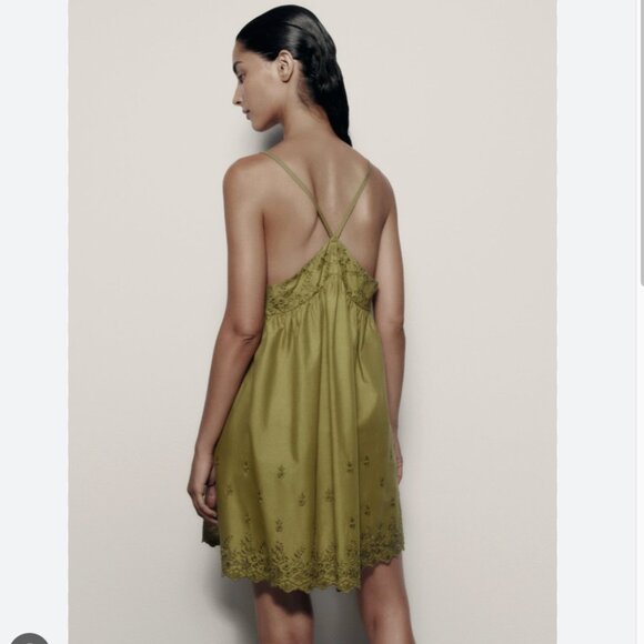 Zara Embroidered Chemise Dress Green Size XS - Picture 5 of 11